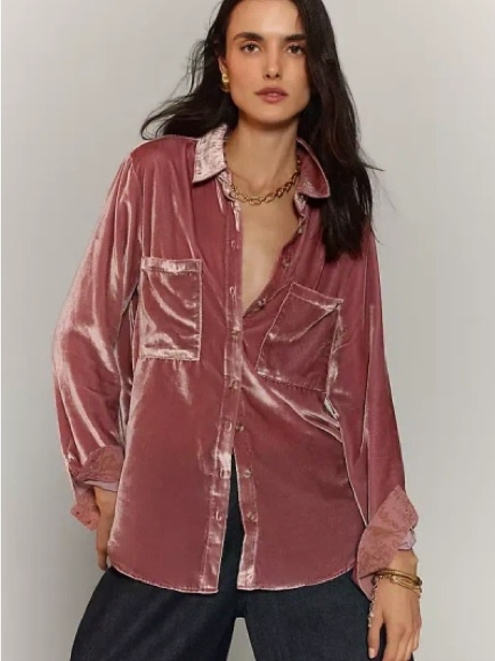 Anthropologie Pilcro Light Mauve Pink Hadley Velvet Oversized Shirt SIze XL